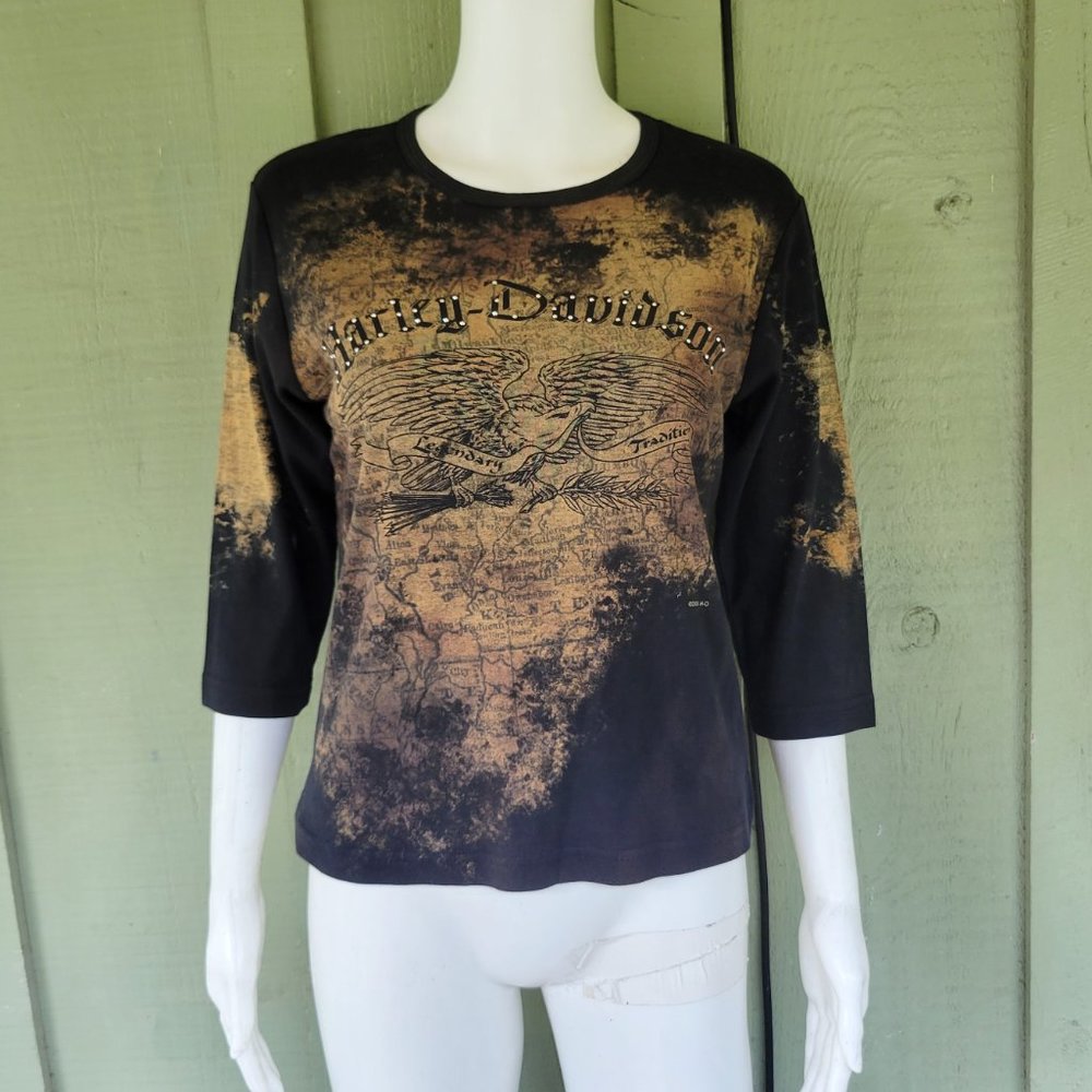 HARLEY DAVIDSON Black Print Woman's T-Shirt Top Small S Houma LA